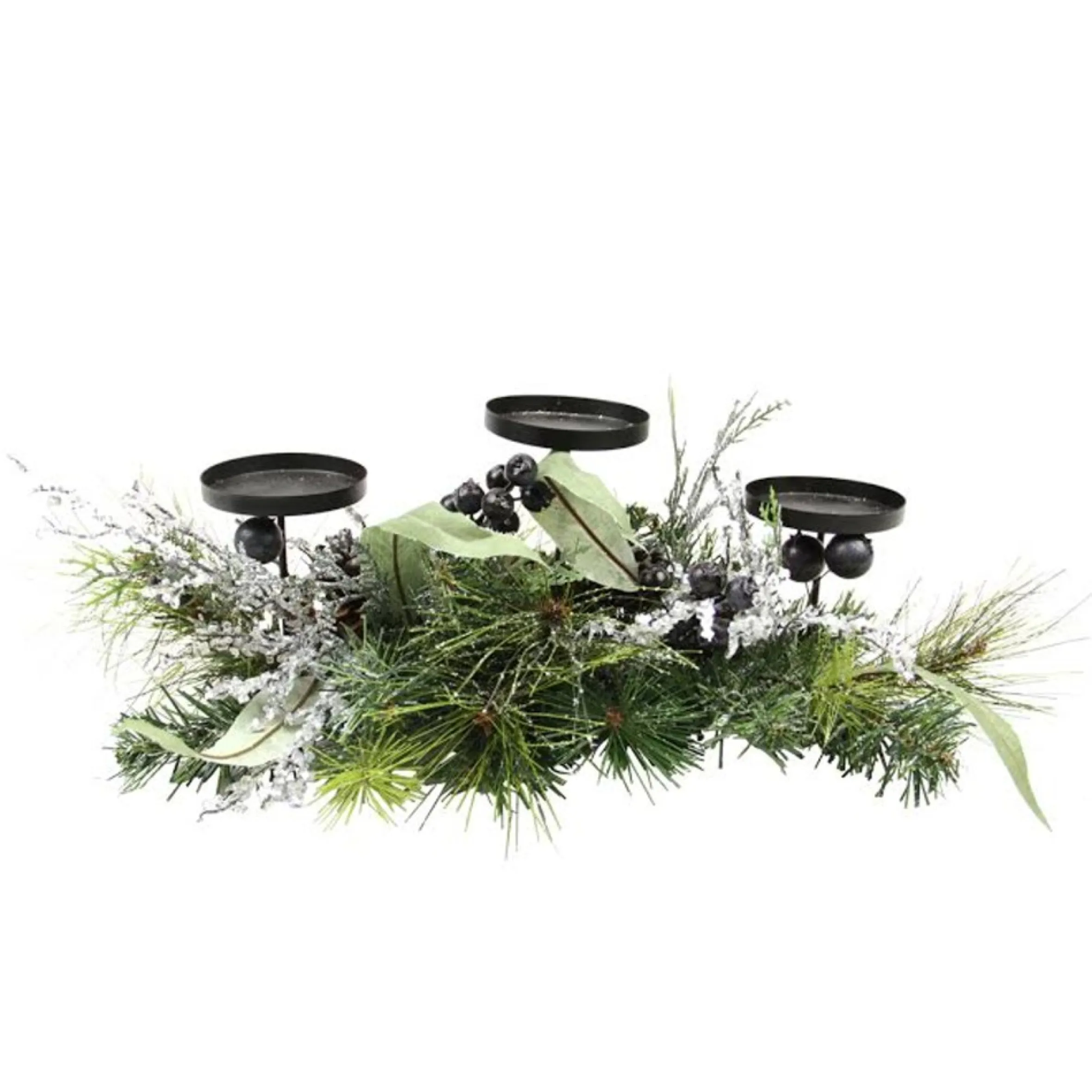22" Green And Silver Mixed Pine With Blueberries Christmas Candle Holder Centerpiece