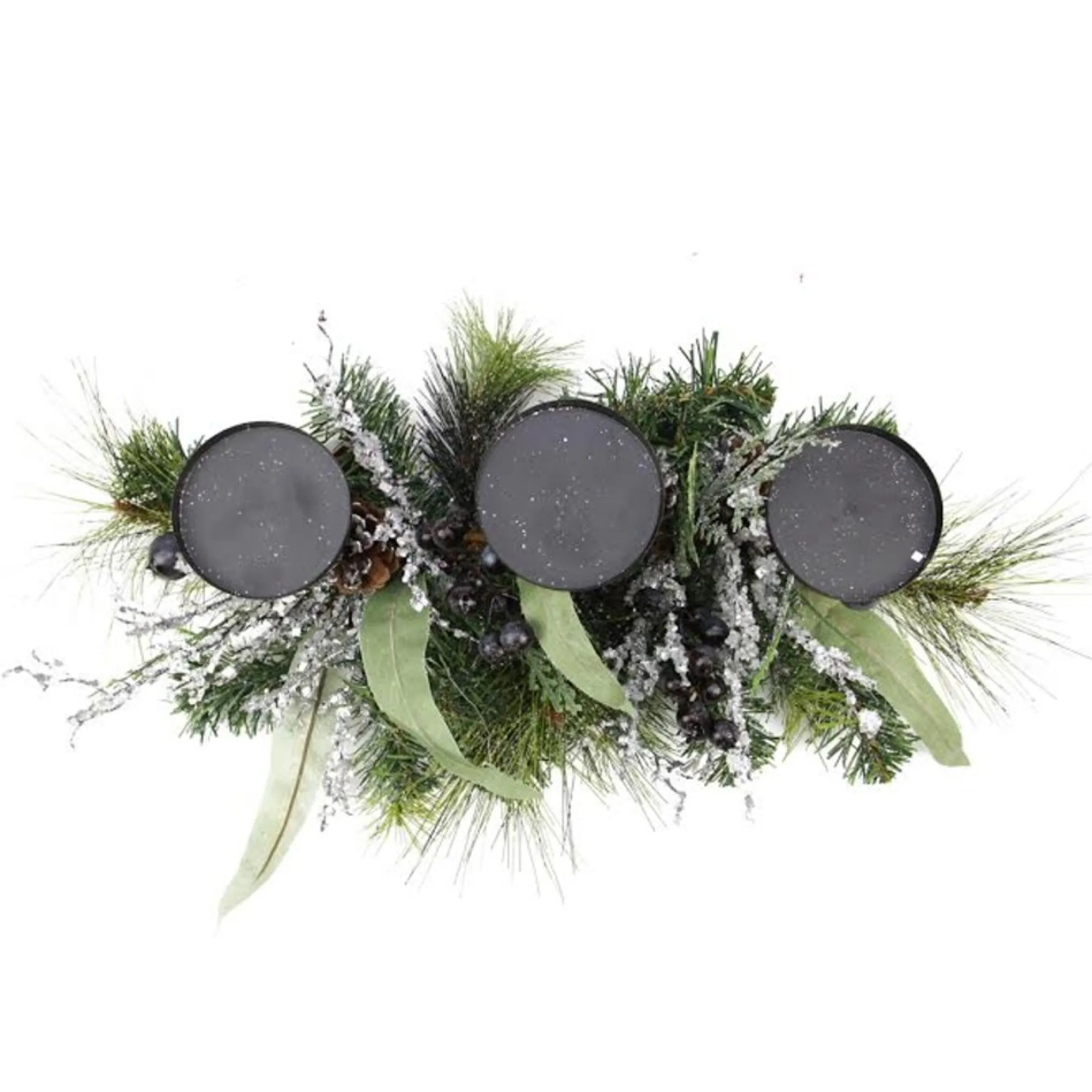 22" Green And Silver Mixed Pine With Blueberries Christmas Candle Holder Centerpiece