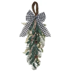 32" Green And White Berry Ornament Christmas Teardrop Swag, Unlit