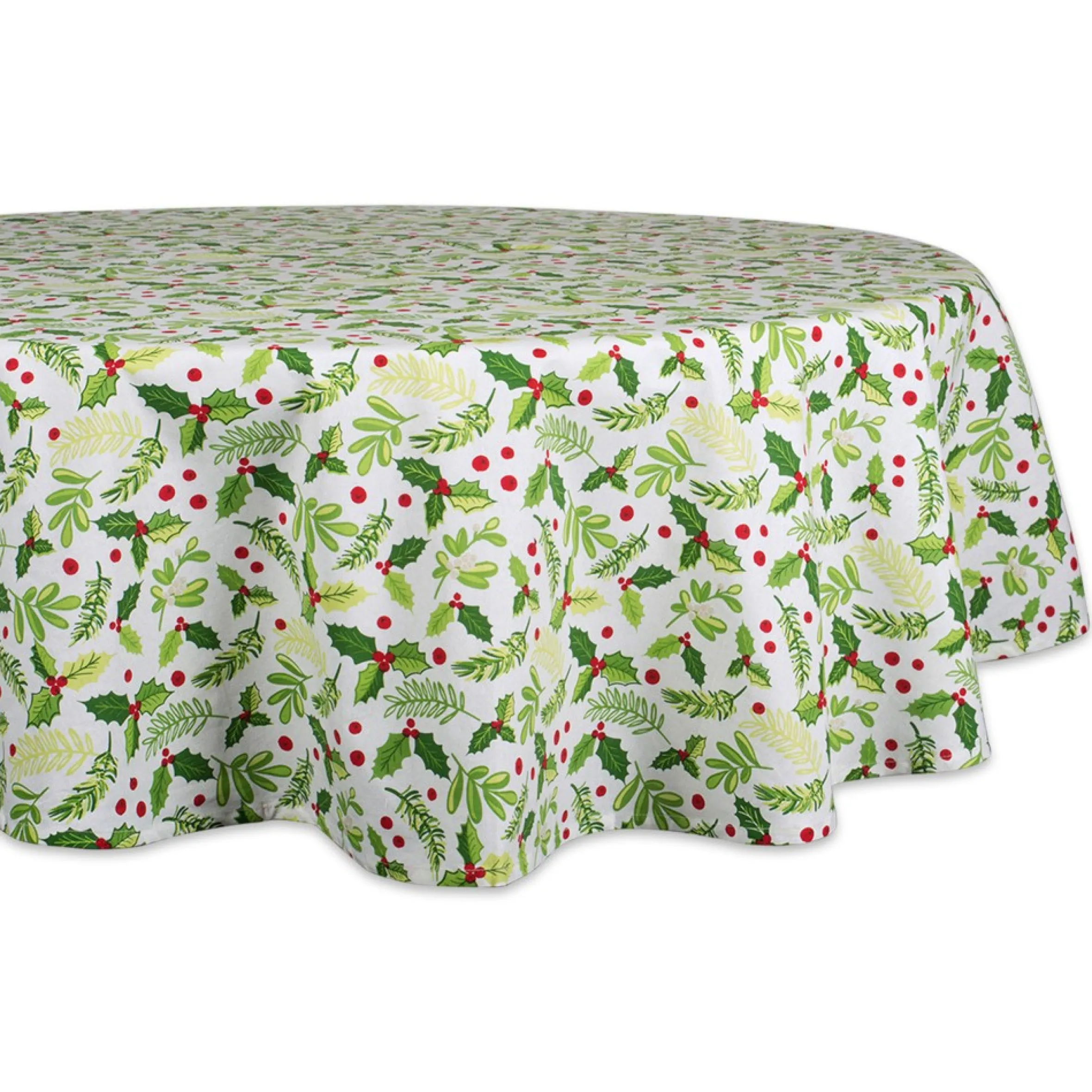 Green And White Boughs Of Holly Print Round Christmas Tablecloth 70"