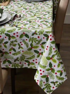 Green And White Boughs Of Holly Print Round Christmas Tablecloth 70