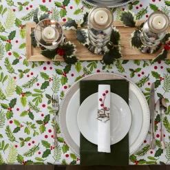 Green And White Boughs Of Holly Print Round Christmas Tablecloth 70
