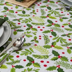Green And White Boughs Of Holly Print Round Christmas Tablecloth 70