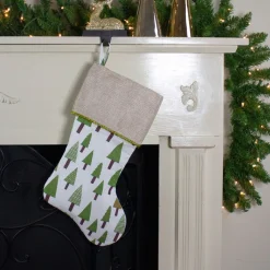 18.5" Green And White Christmas Stocking With Flax Cuff