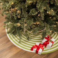 50" Green And White Woven Candy Cane Round Christmas Tree Skirt