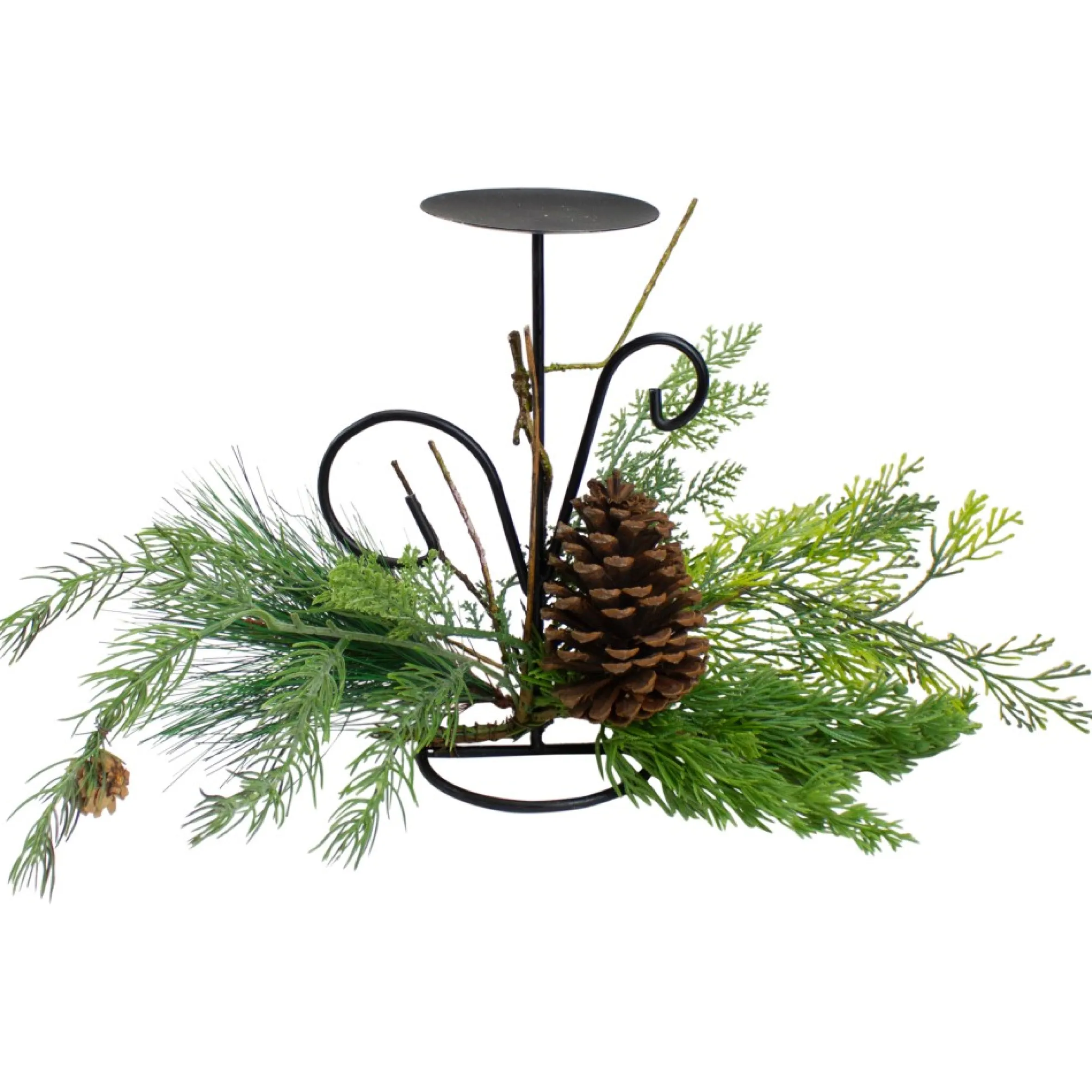 10" Green Artificial Sprigs And Pine Cone Christmas Candle Holder