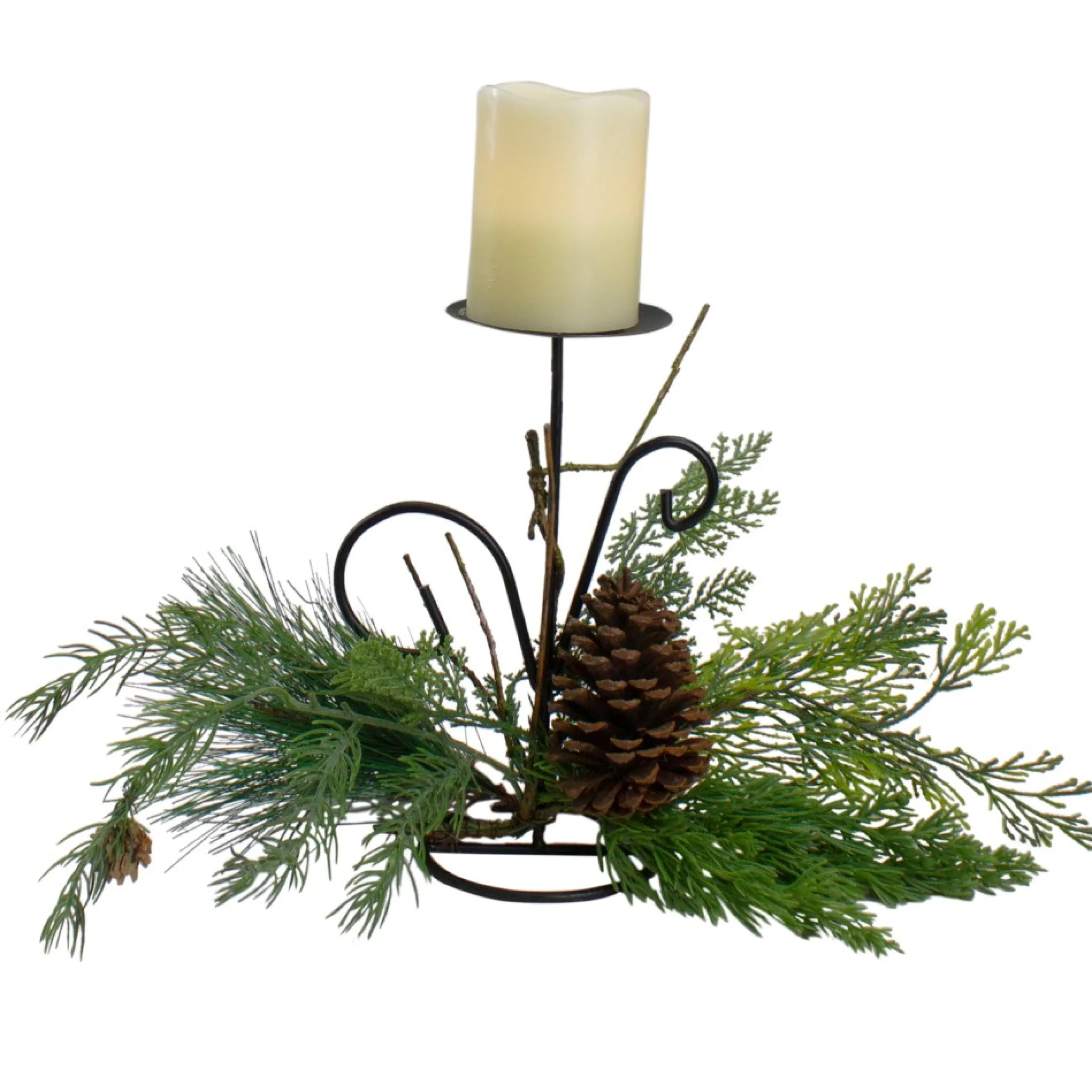10" Green Artificial Sprigs And Pine Cone Christmas Candle Holder