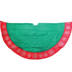 48" Green Christmas Tree Skirt With Red Gemstone Glitter Snowflake Trim