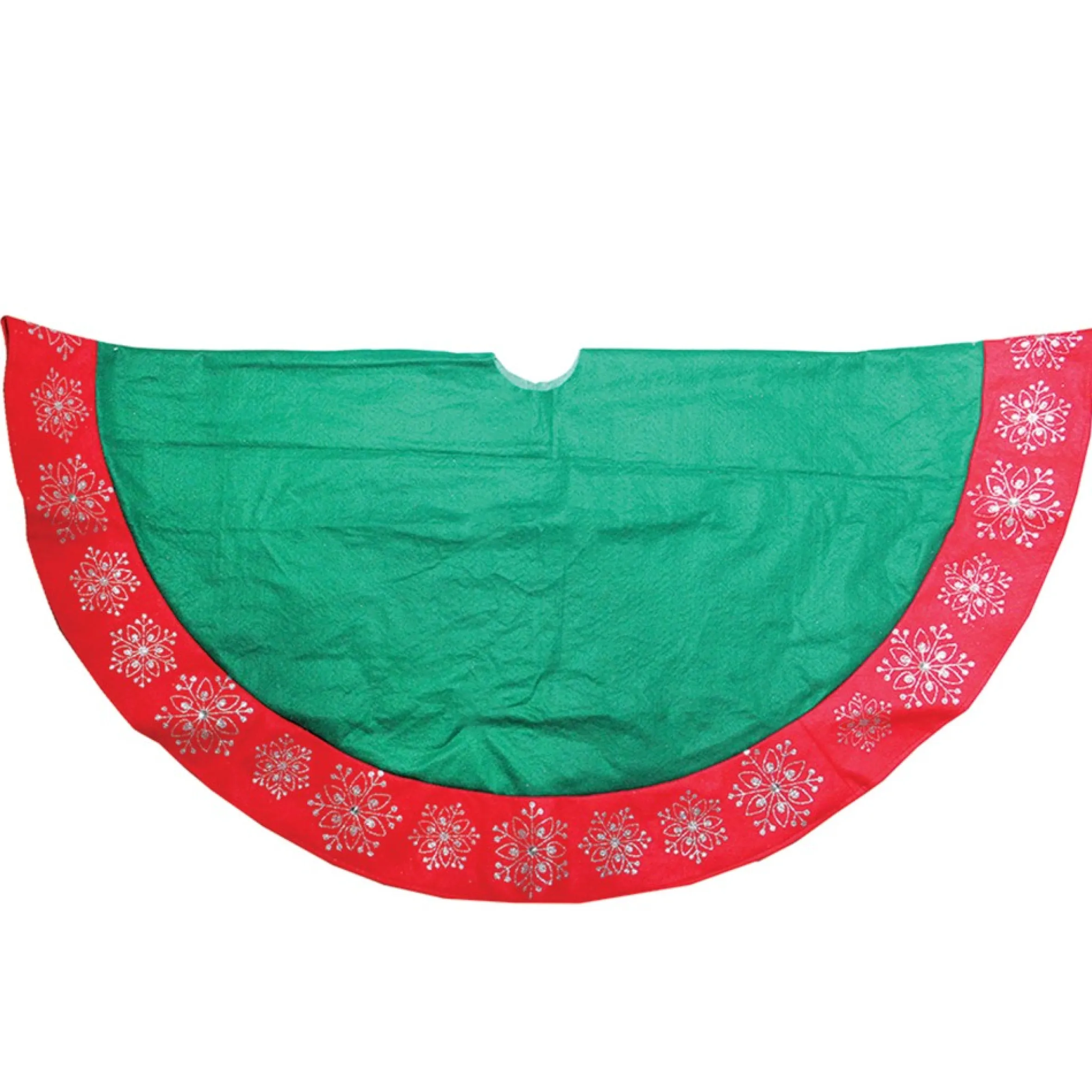 48" Green Christmas Tree Skirt With Red Gemstone Glitter Snowflake Trim
