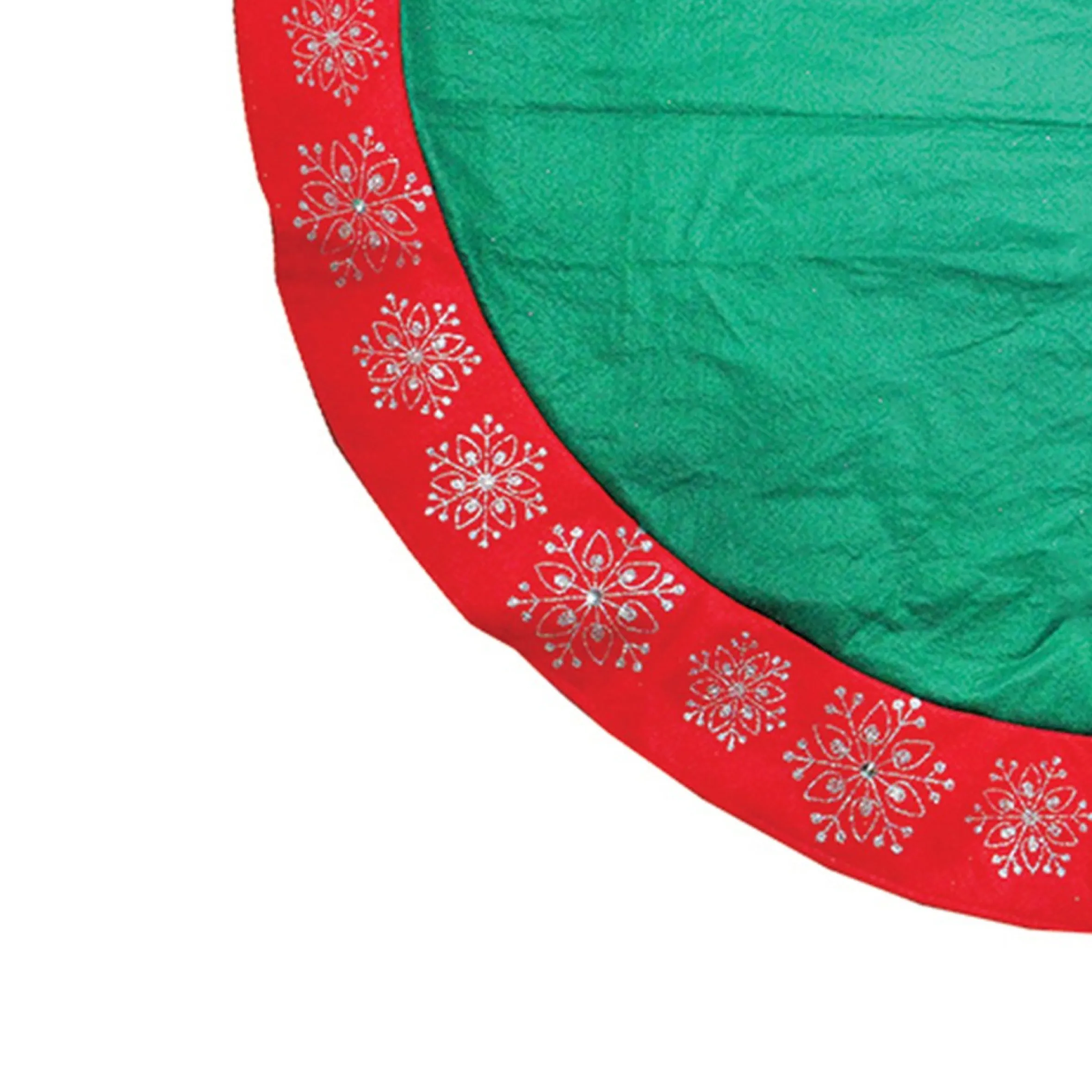 48" Green Christmas Tree Skirt With Red Gemstone Glitter Snowflake Trim
