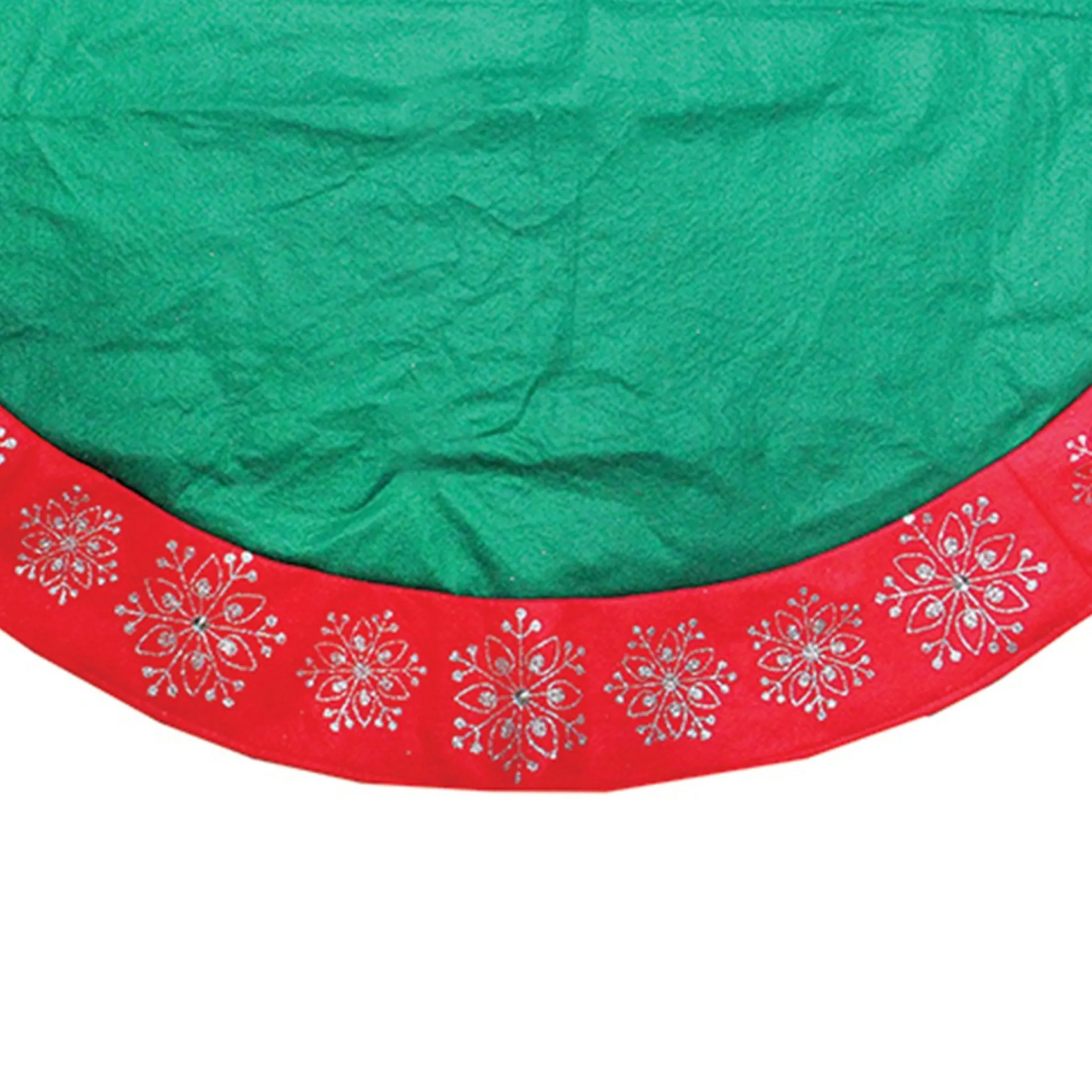 48" Green Christmas Tree Skirt With Red Gemstone Glitter Snowflake Trim