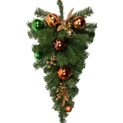 30" Green Foliage And Ornaments Artificial Christmas Teardrop Swag, Unlit