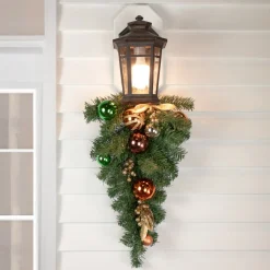 30" Green Foliage And Ornaments Artificial Christmas Teardrop Swag, Unlit