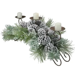 30" Green Frosted Pine Needle And Pine Cone Christmas Candle Holder