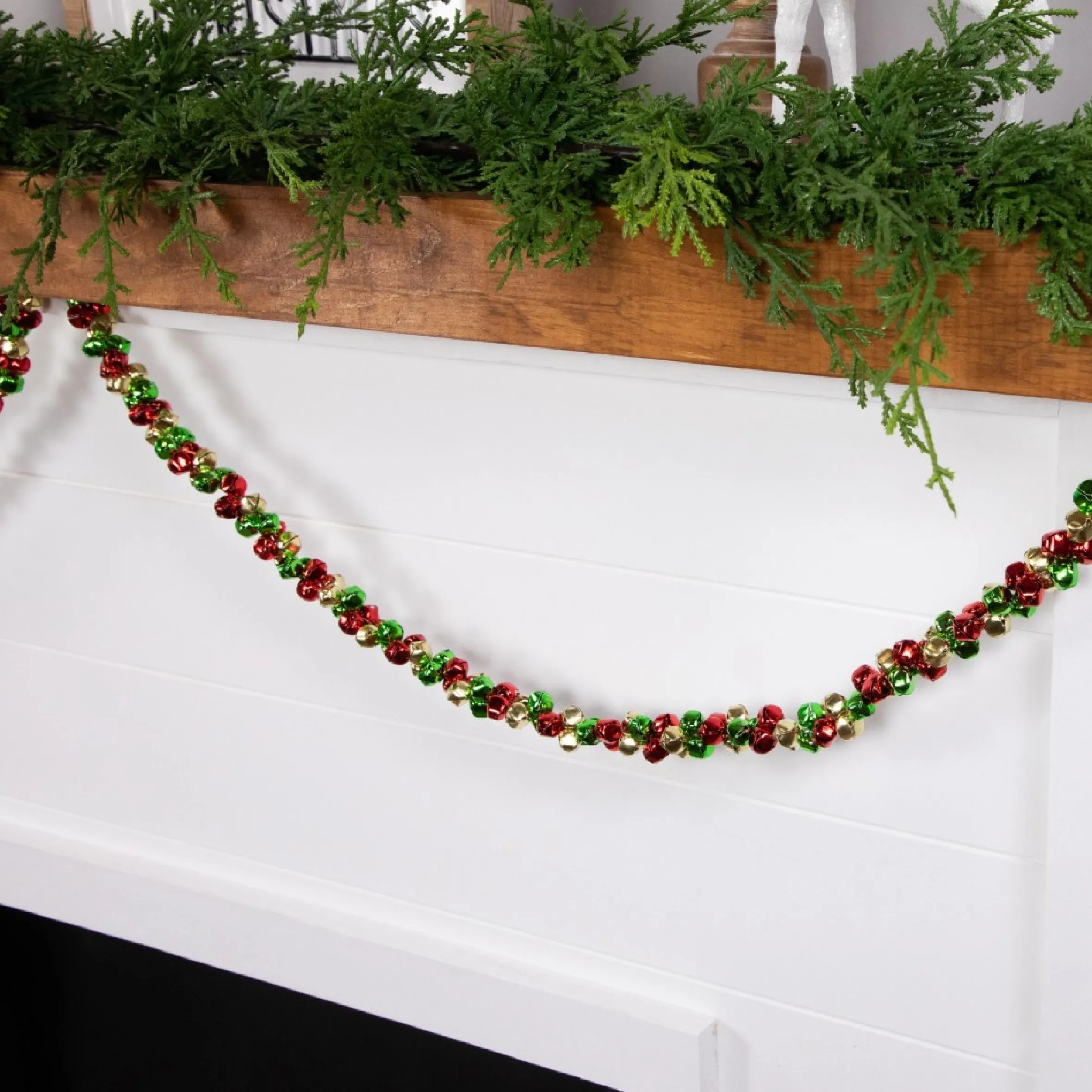5' Green, Gold And Red Jingle Bell Christmas Garland, Unlit