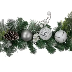 6' Green Pine Frosted Artificial Christmas Garland With Pinecones And Ornaments, Unlit