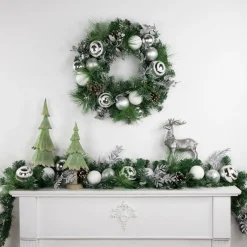 6' Green Pine Needle Garland With Pinecones And Striped Christmas Ornaments, Unlit