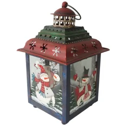 Green, Red And Blue Snowman Christmas Candle Lantern 11"