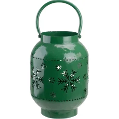10" Green Snowflake Cutout Christmas Candle Lantern- Metal