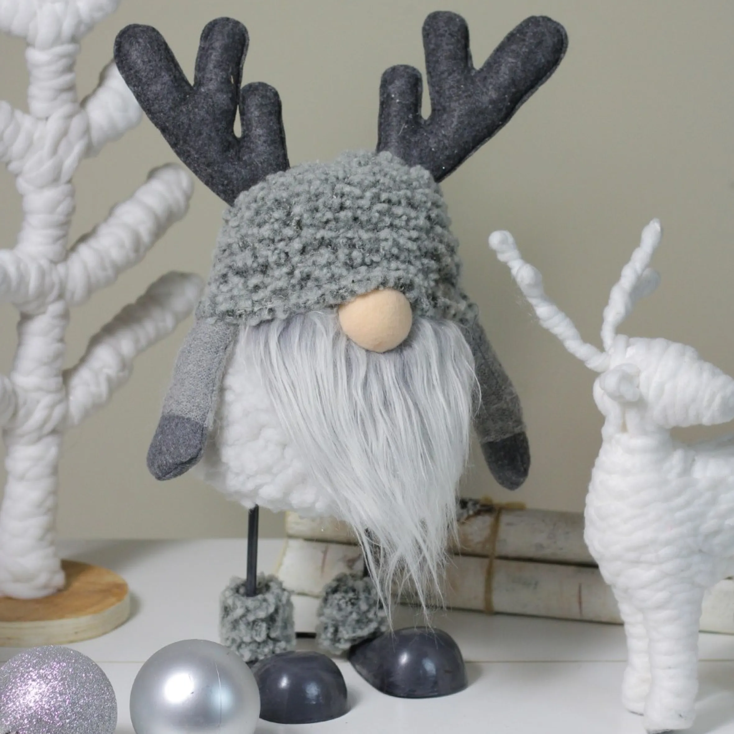 15" Grey Bouncy Gnome With Antlers Tabletop Christmas Decoration