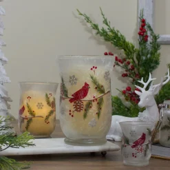 4" Hand Painted Christmas Cardinal And Pine Flameless Glass Candle Holder