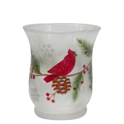 2.75" Hand Painted Christmas Cardinal And Pine Flameless Glass Candle Holder