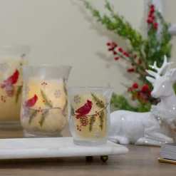 2.75" Hand Painted Christmas Cardinal And Pine Flameless Glass Candle Holder