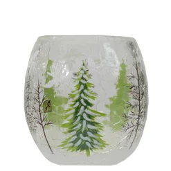 3" Hand Painted Christmas Pine Trees Flameless Glass Christmas Candle Holder