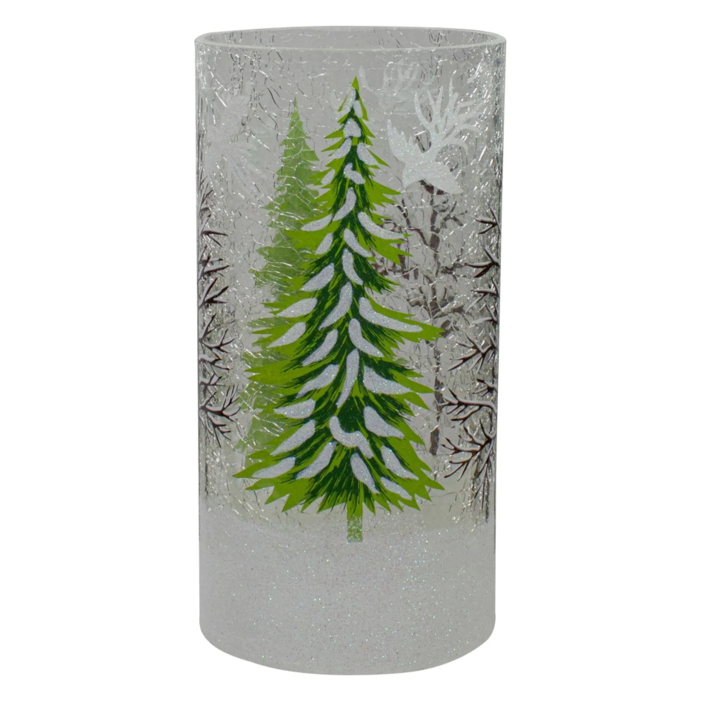 8" Hand Painted Christmas Pine Trees Flameless Glass Candle Holder