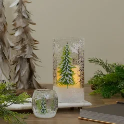 8" Hand Painted Christmas Pine Trees Flameless Glass Candle Holder
