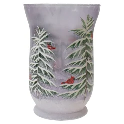 8" Hand-Painted Pine And Birds Flameless Glass Christmas Candle Holder