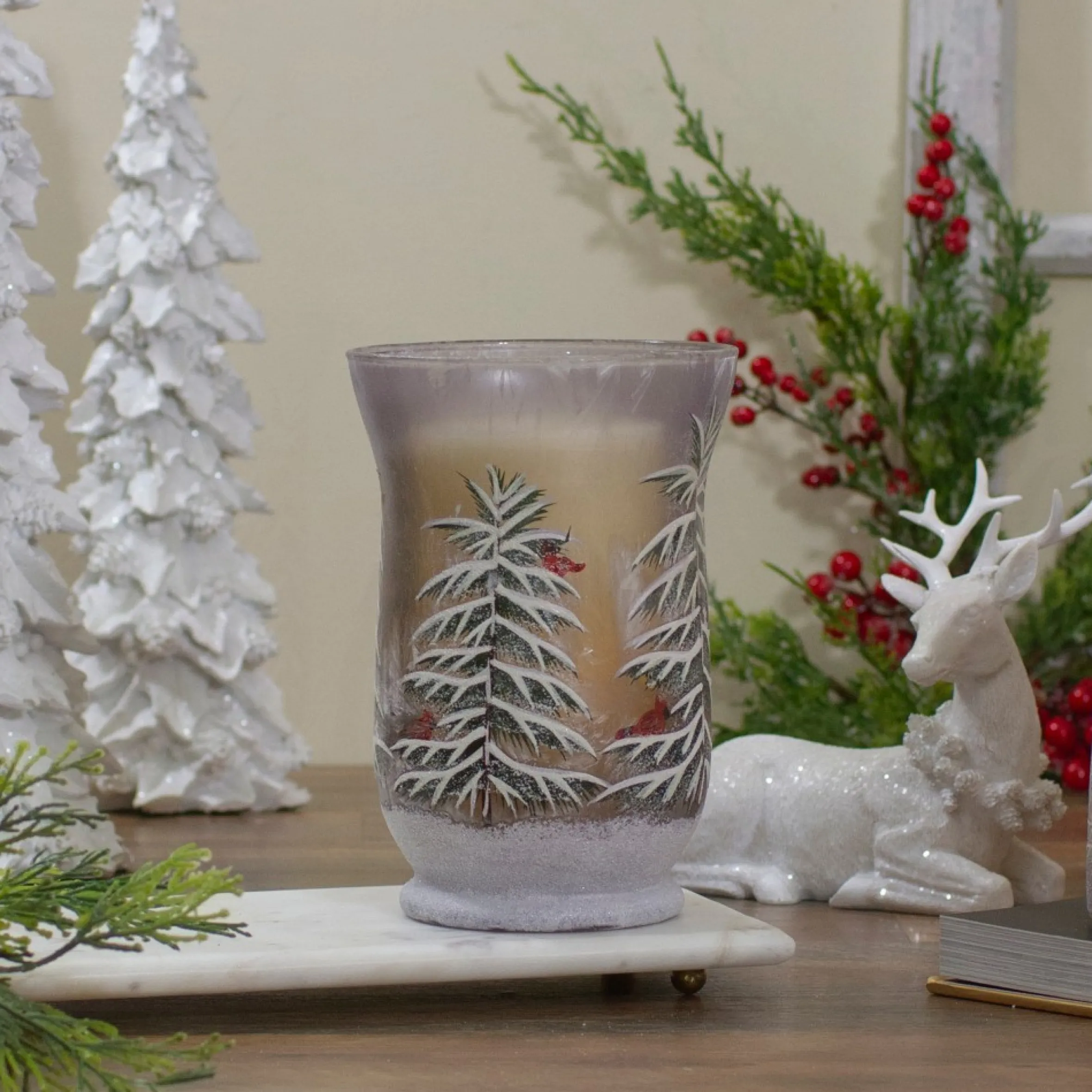 8" Hand-Painted Pine And Birds Flameless Glass Christmas Candle Holder