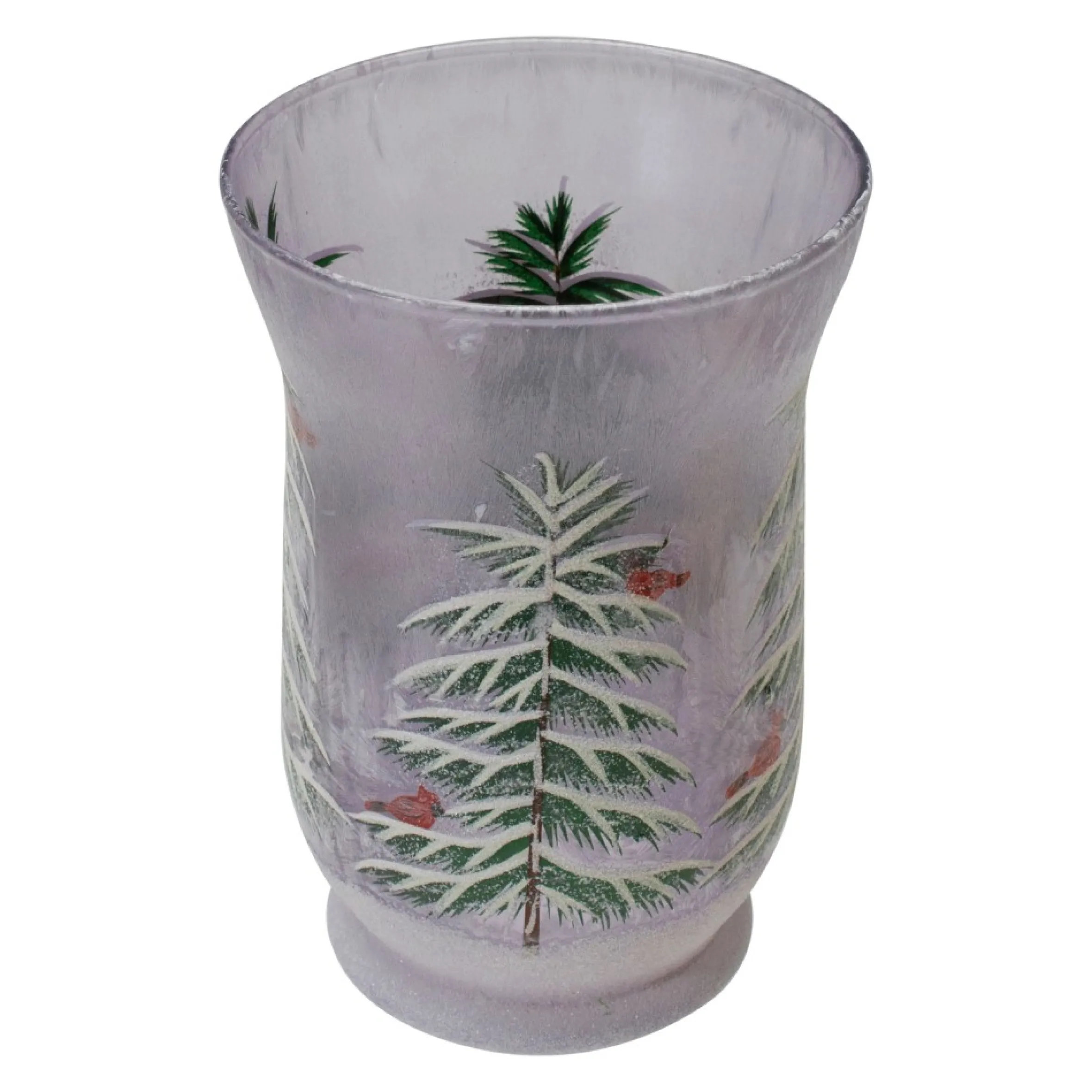 8" Hand-Painted Pine And Birds Flameless Glass Christmas Candle Holder