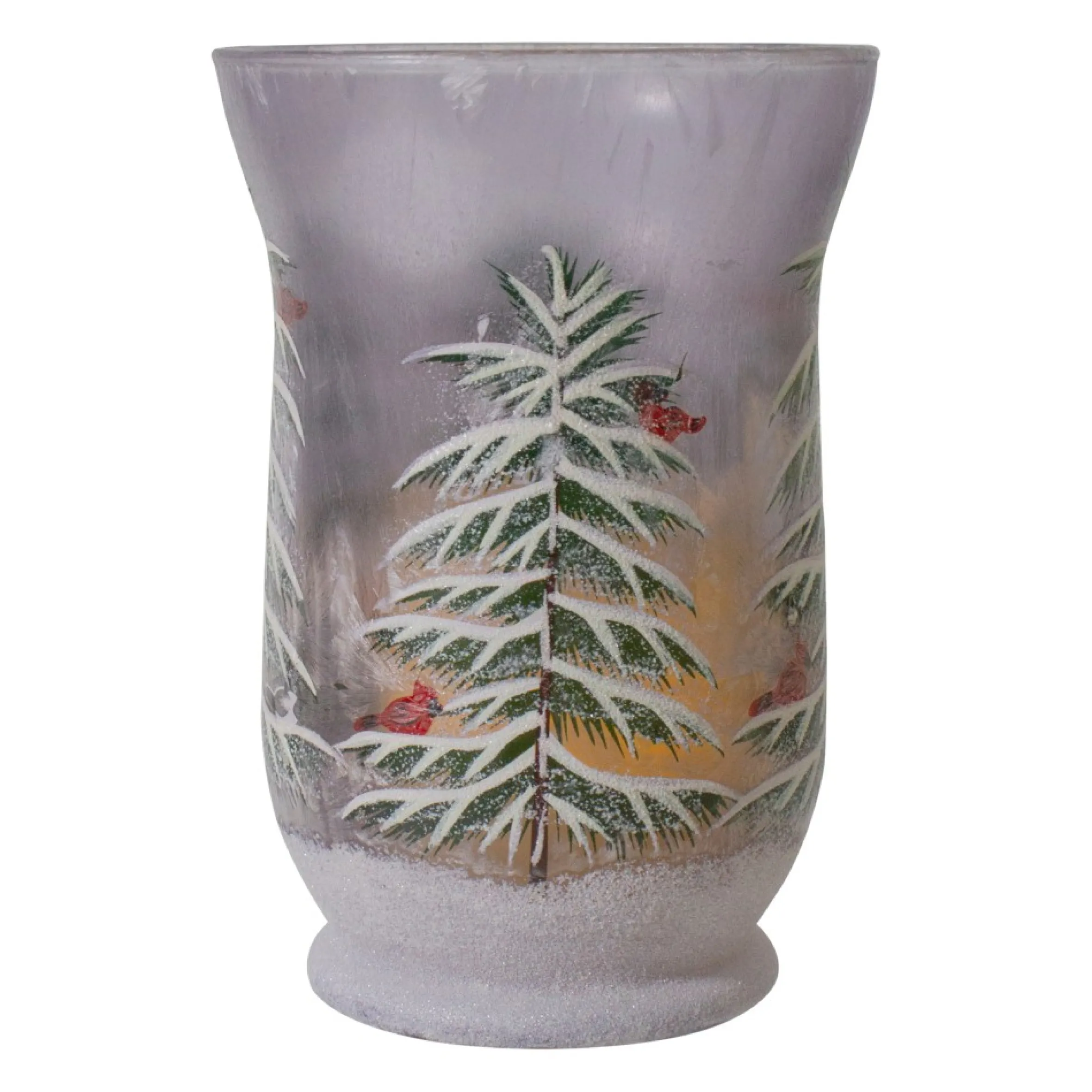 8" Hand-Painted Pine And Birds Flameless Glass Christmas Candle Holder