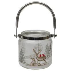 4" Hand-Painted Pine Trees And Deer Flameless Glass Christmas Candle Holder