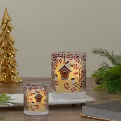 3" Hand Painted Sparrows And Berries Flameless Glass Christmas Candle Holder
