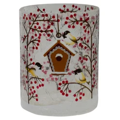 5" Hand Painted Sparrows And Berries Flameless Glass Christmas Candle Holder