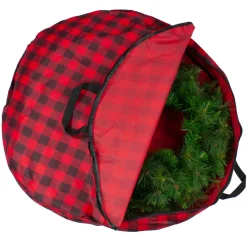 30" Heavy Duty Red And Black Plaid Christmas Wreath Storage Bag With Handles