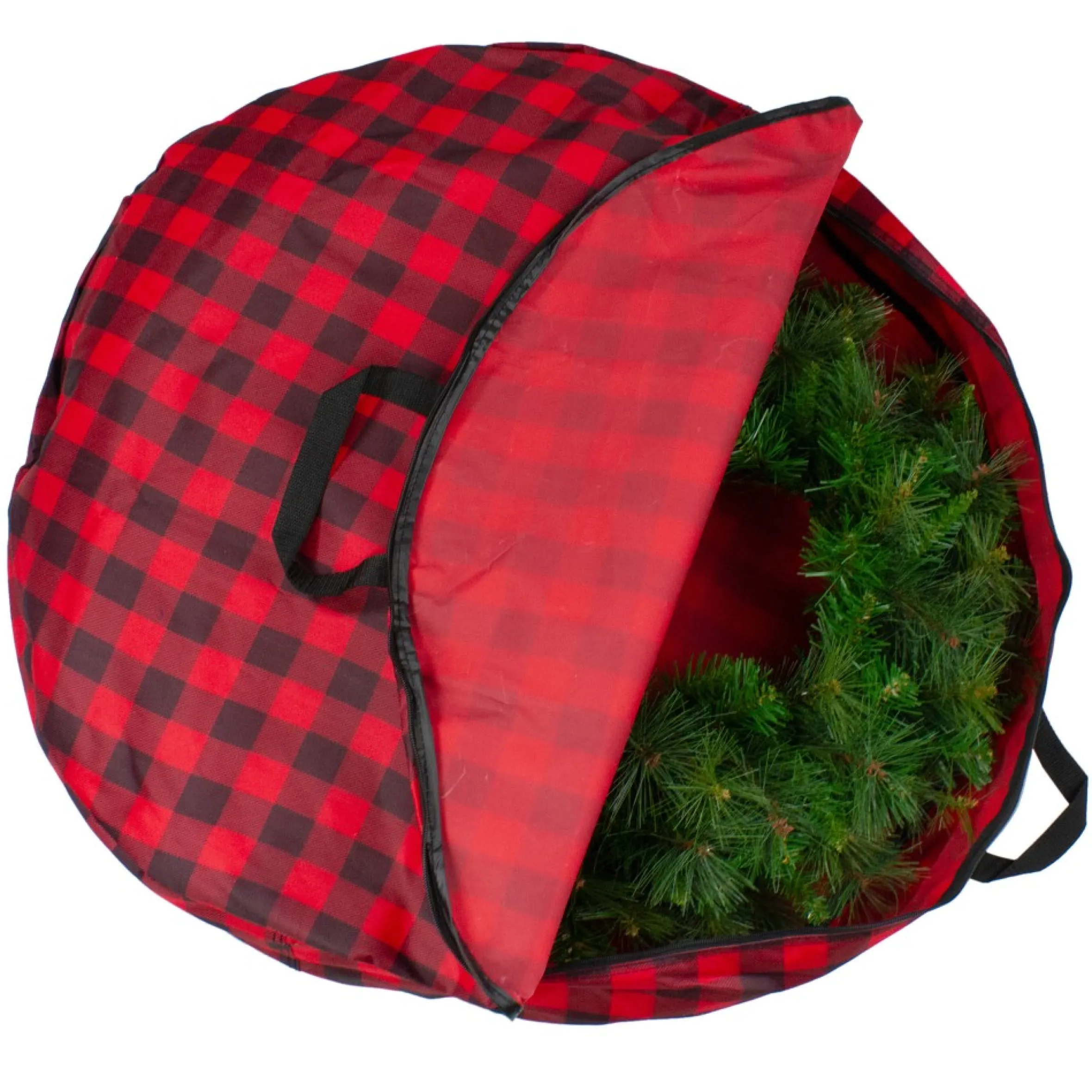 30" Heavy Duty Red And Black Plaid Christmas Wreath Storage Bag With Handles