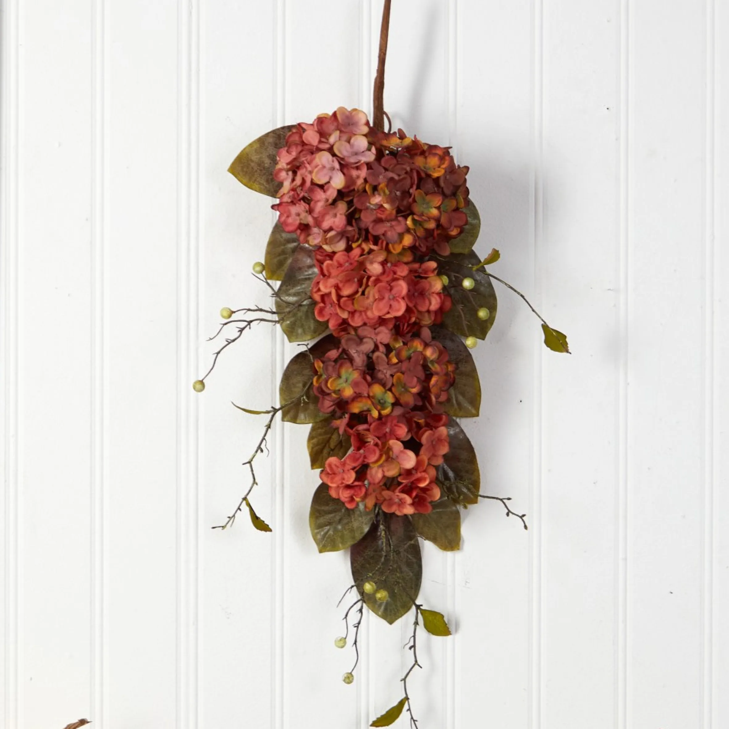 35" Hydrangea And Berries Artificial Fall Harvest Teardrop Swag, Unlit
