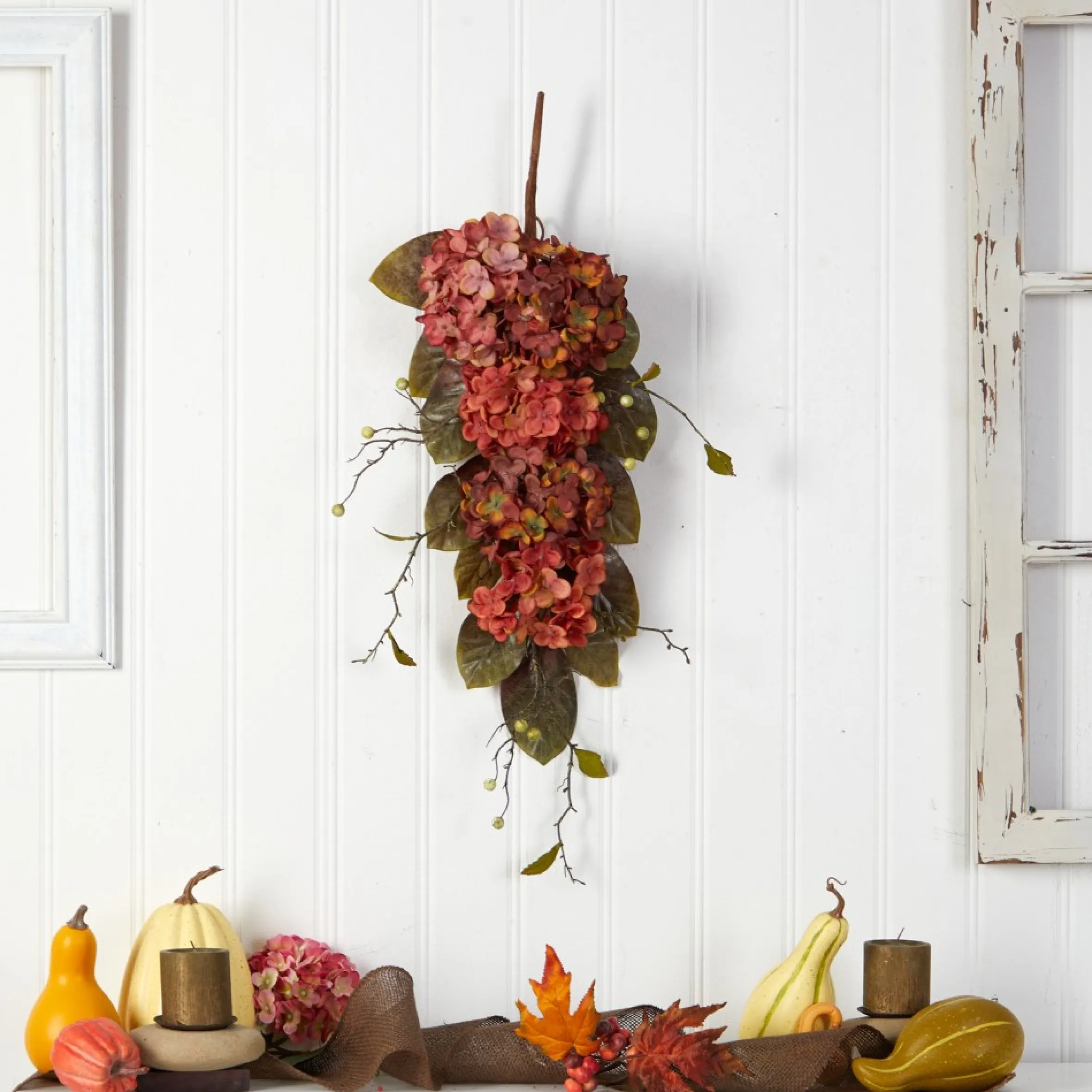 35" Hydrangea And Berries Artificial Fall Harvest Teardrop Swag, Unlit