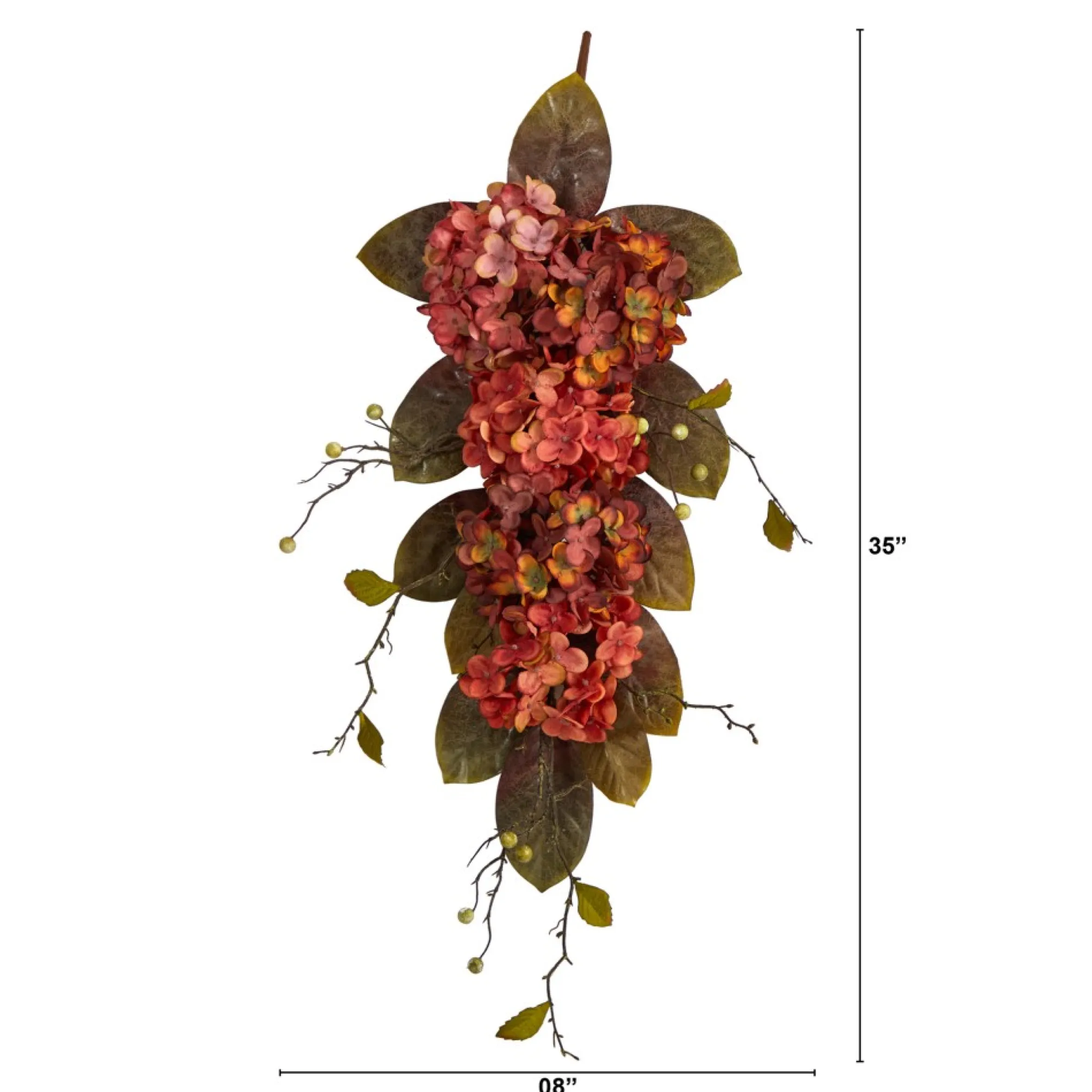 35" Hydrangea And Berries Artificial Fall Harvest Teardrop Swag, Unlit