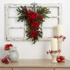 27" Hydrangea Artificial Christmas Teardrop Swag, Unlit