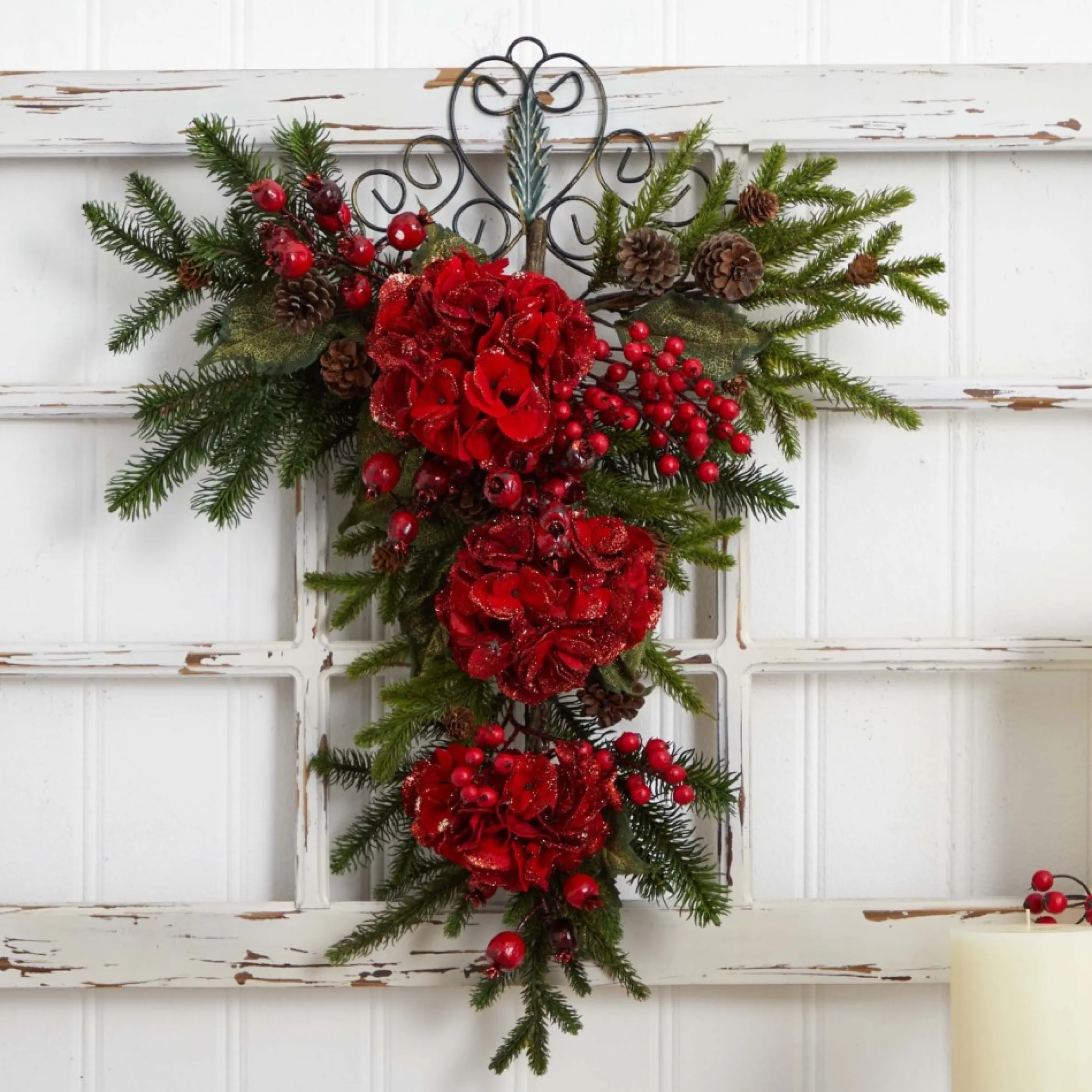 27" Hydrangea Artificial Christmas Teardrop Swag, Unlit