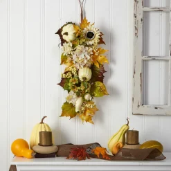 33" Hydrangea, Pumpkins And Sunflower Artificial Fall Harvest Teardrop Swag - Unlit