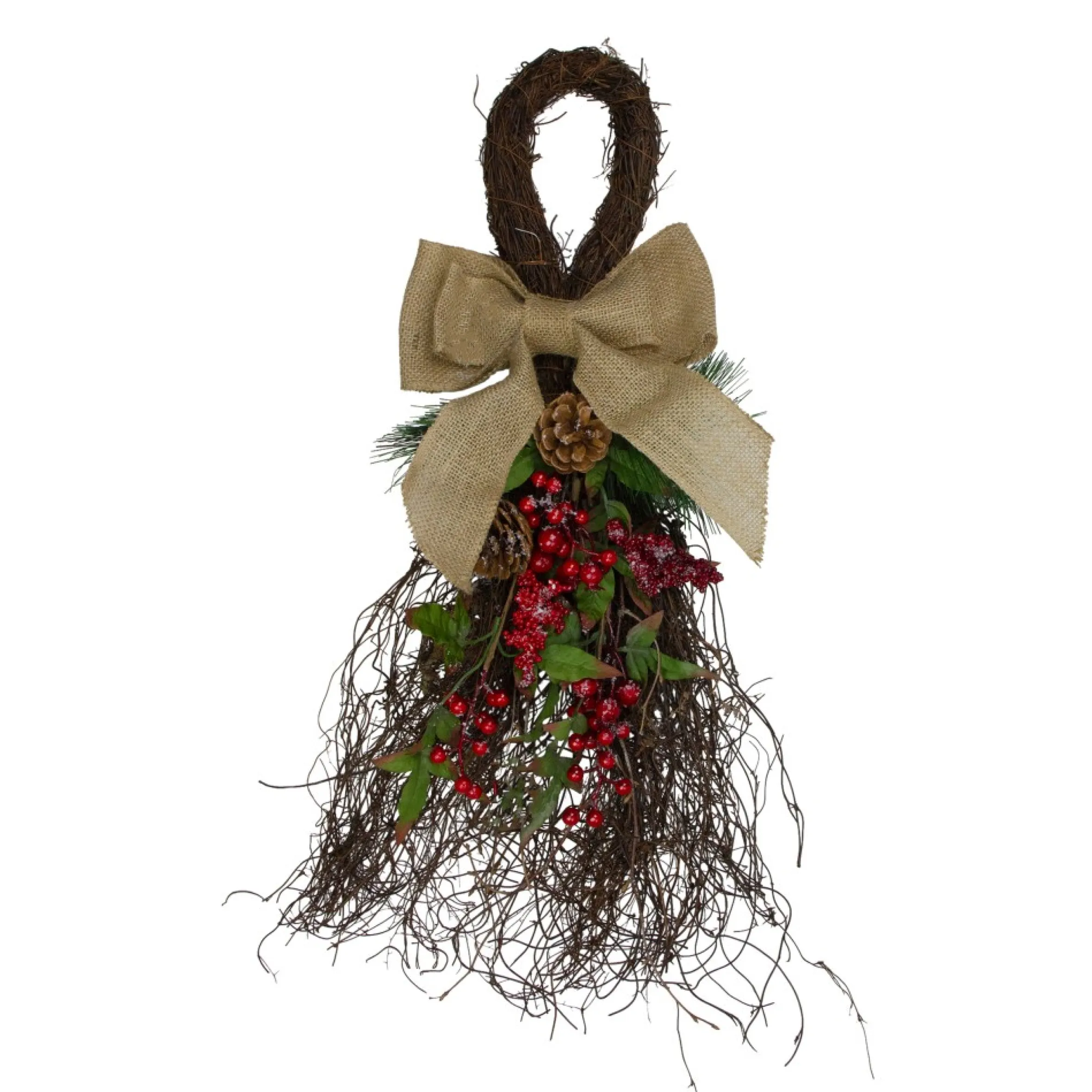 24" Iced Berries And Burlap Artificial Christmas Twig Teardrop Swag