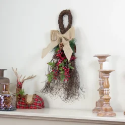 24" Iced Berries And Burlap Artificial Christmas Twig Teardrop Swag