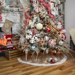 48-Inch Beige And White Snowflake Embroidered Christmas Tree Skirt