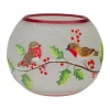 5-Inch Hand Painted Finches And Pine Flameless Glass Candle Holder