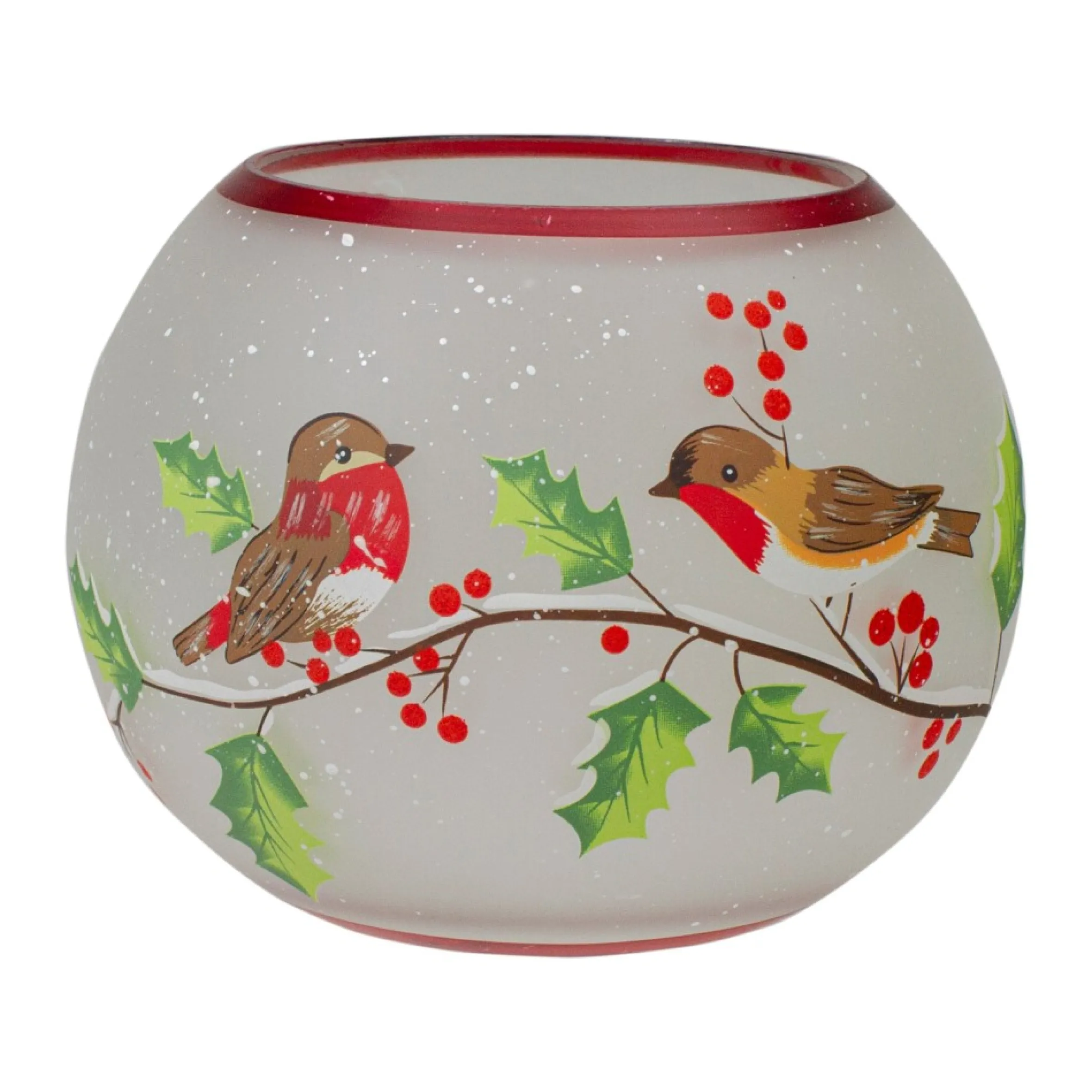 5-Inch Hand Painted Finches And Pine Flameless Glass Candle Holder